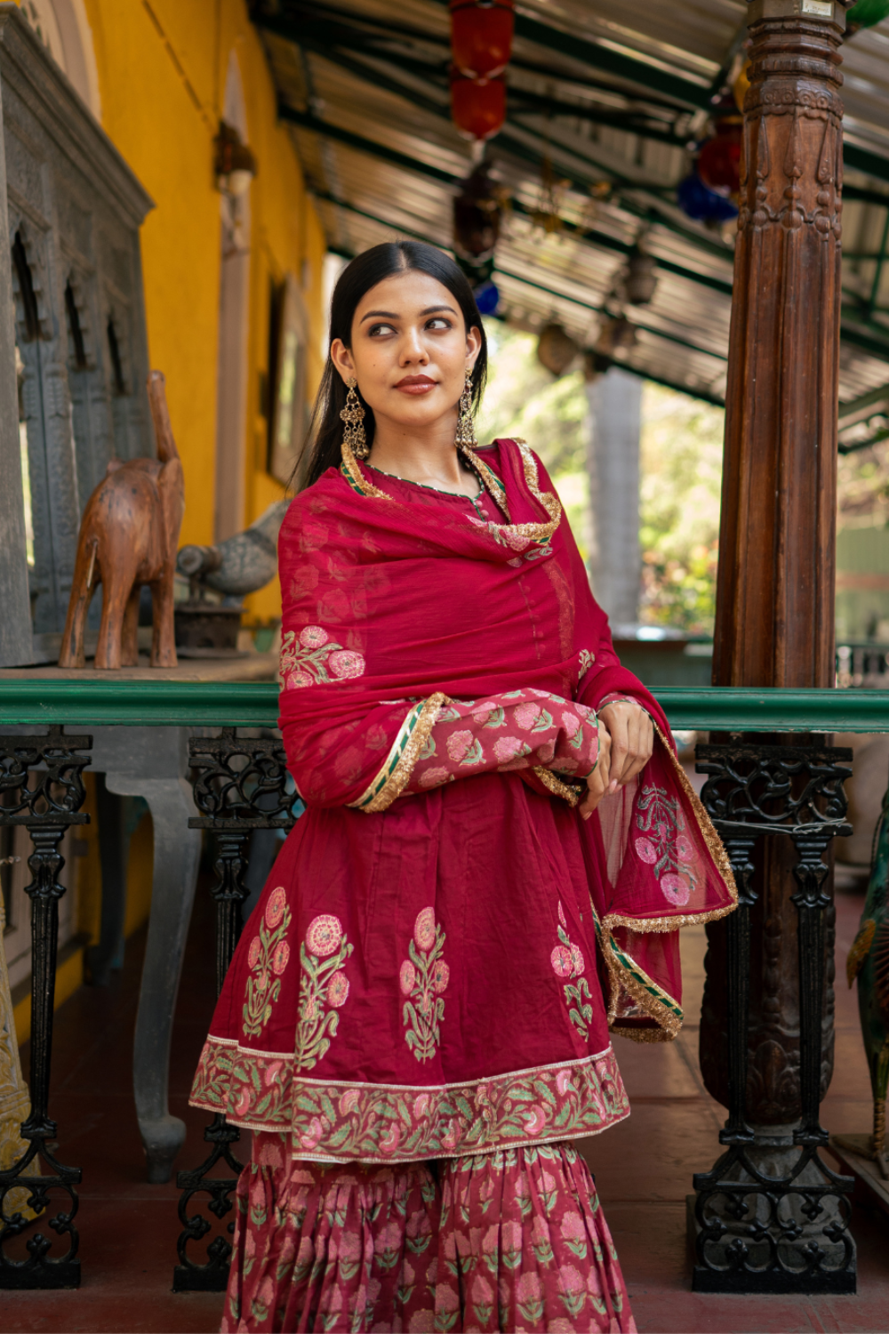 Wine Block Printed Anarkali Set