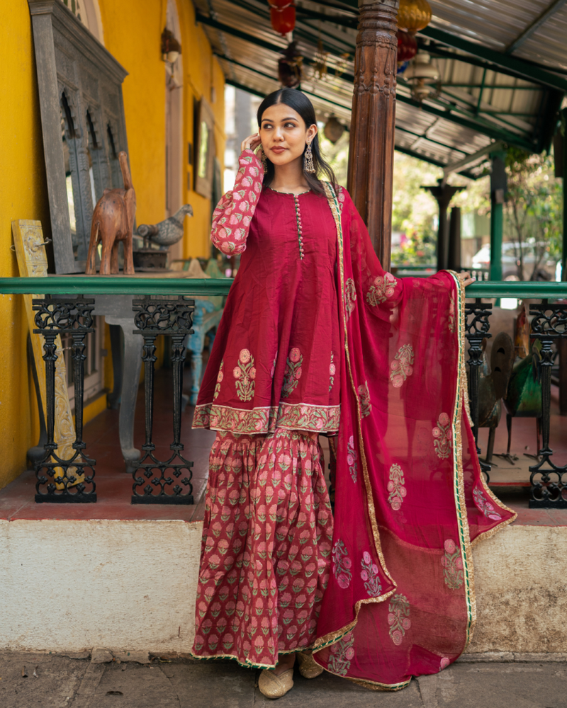 Wine Block Printed Anarkali Set cotton by Maison Shefali for women Worldwide
