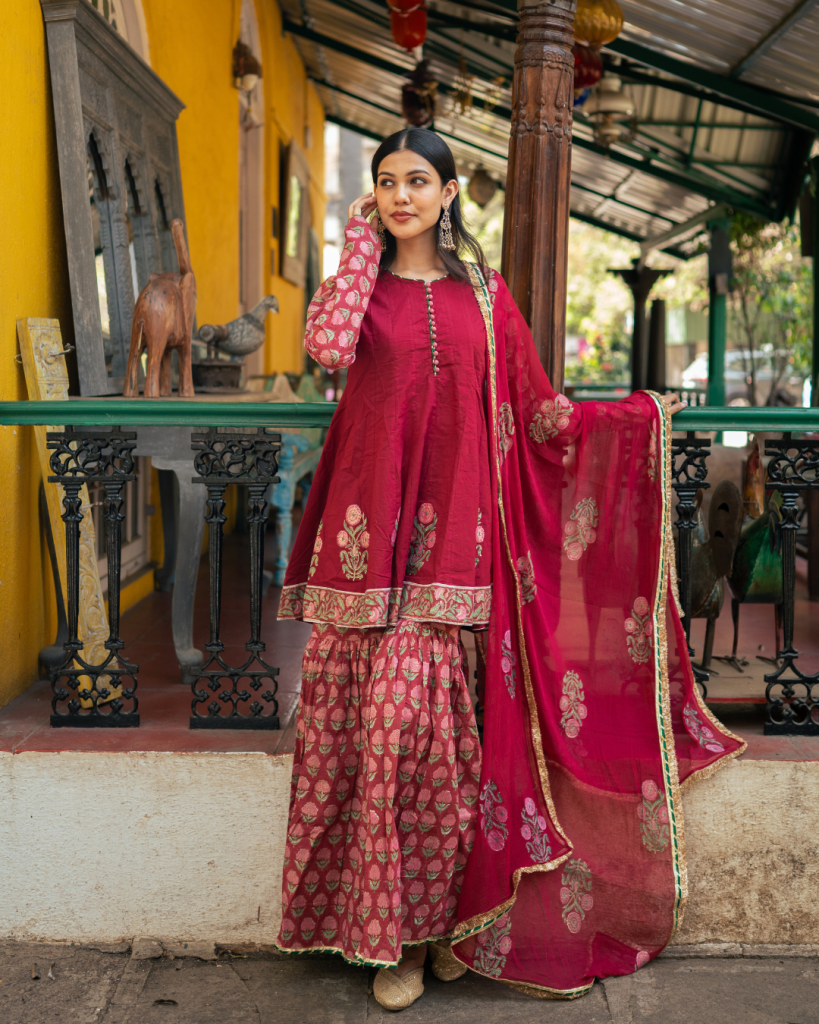 Wine Block Printed Anarkali Set