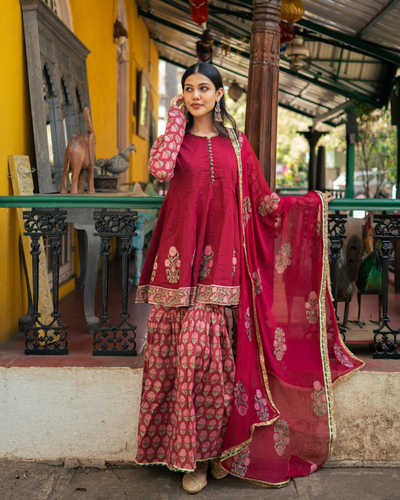 Wine Block Printed Anarkali Set- Size S