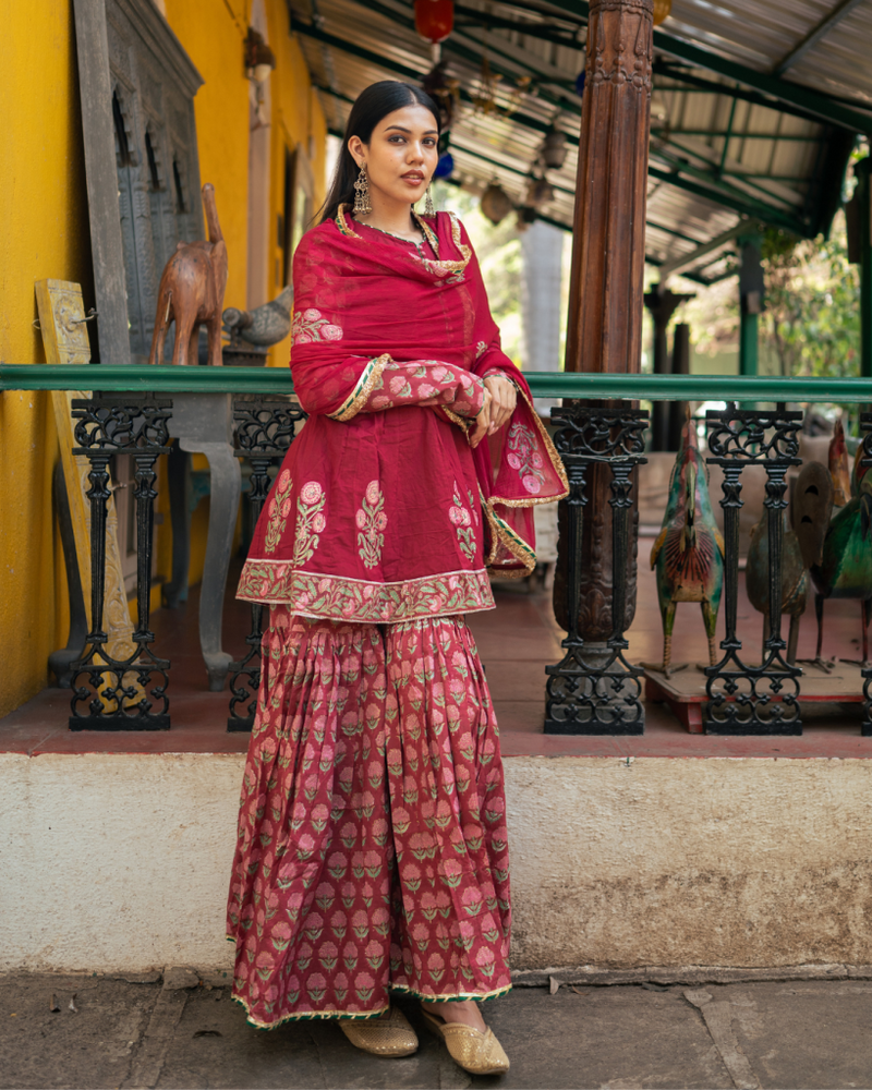 Wine Block Printed Anarkali Set cotton by Maison Shefali for women Worldwide