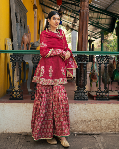 Wine Block Printed Anarkali Set