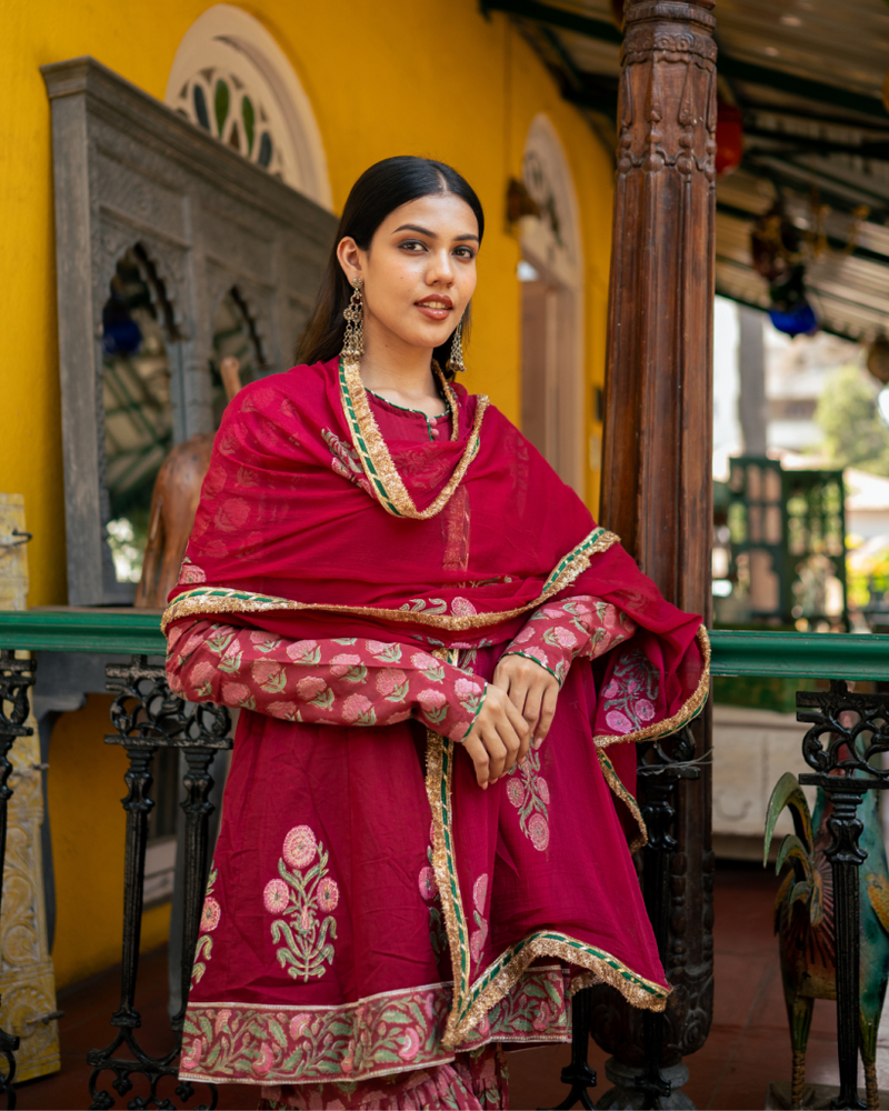 Wine Block Printed Anarkali Set cotton by Maison Shefali for women Worldwide