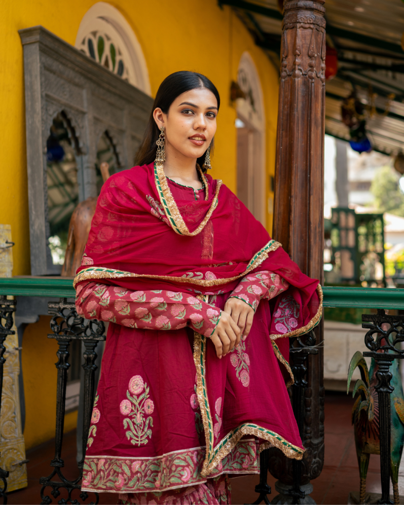 Wine Block Printed Anarkali Set