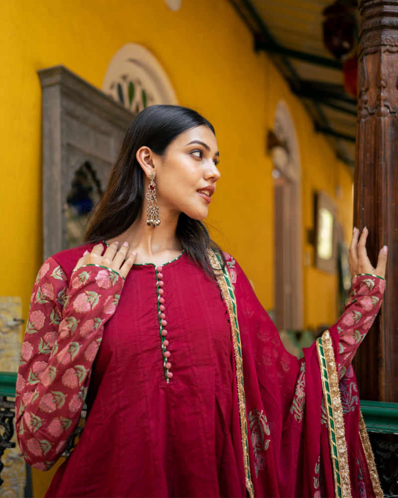 Wine Block Printed Anarkali Set cotton by Maison Shefali for women Worldwide
