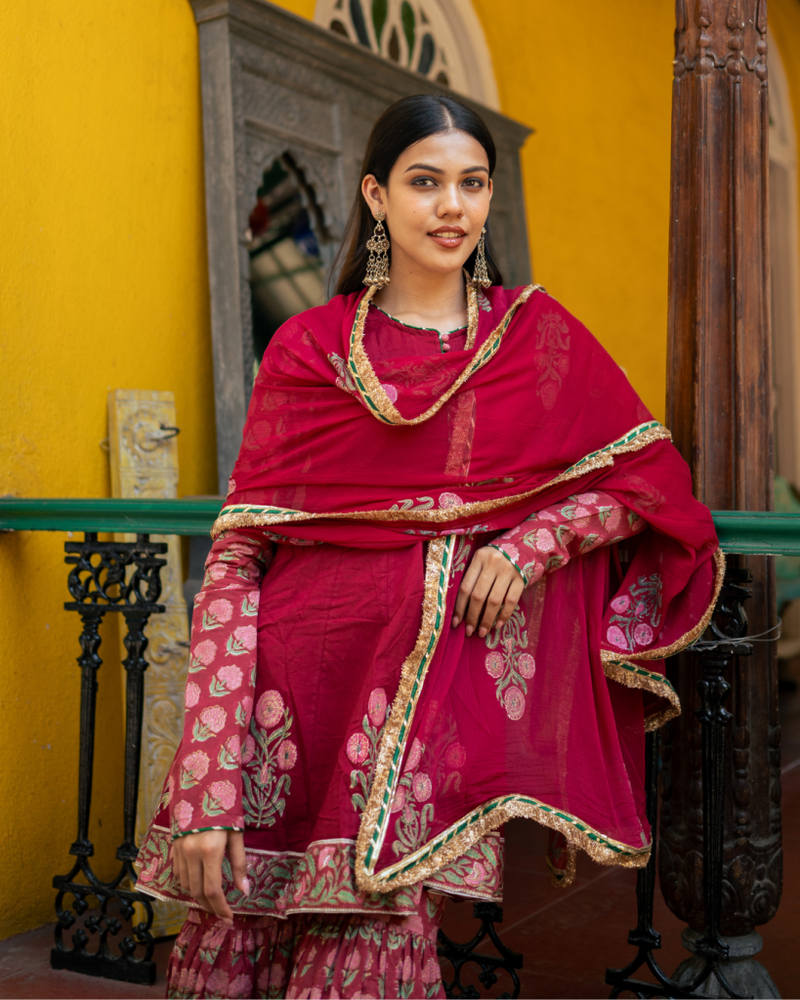 Wine Block Printed Anarkali Set cotton by Maison Shefali for women Worldwide