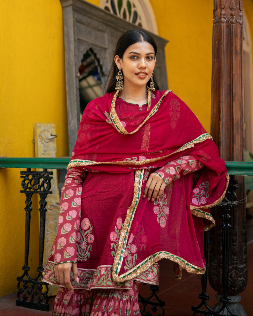 Wine Block Printed Anarkali Set