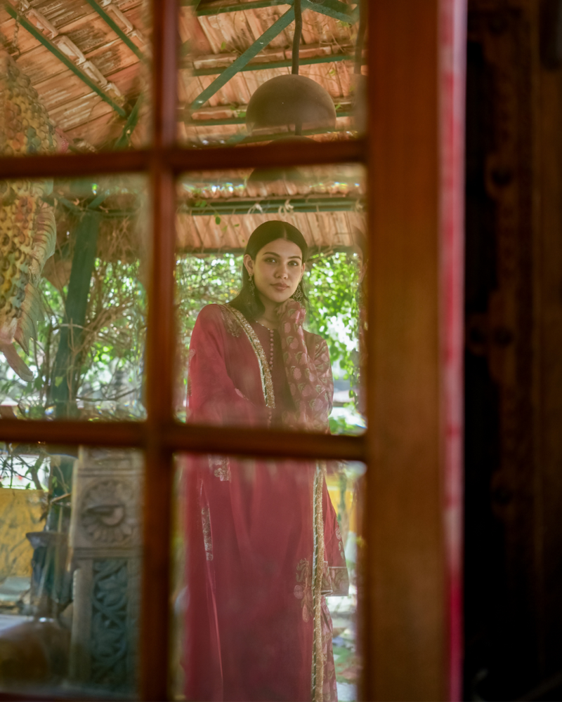 Wine Block Printed Anarkali Set cotton by Maison Shefali for women Worldwide