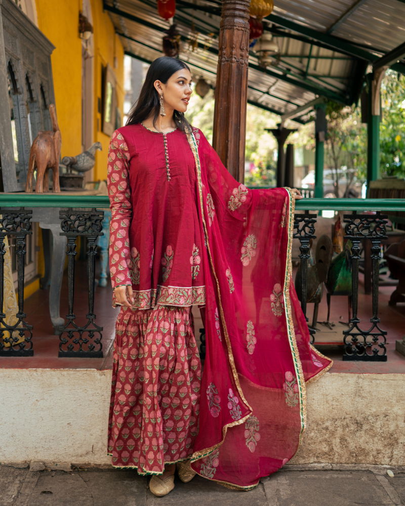 Wine Block Printed Anarkali Set cotton by Maison Shefali for women Worldwide