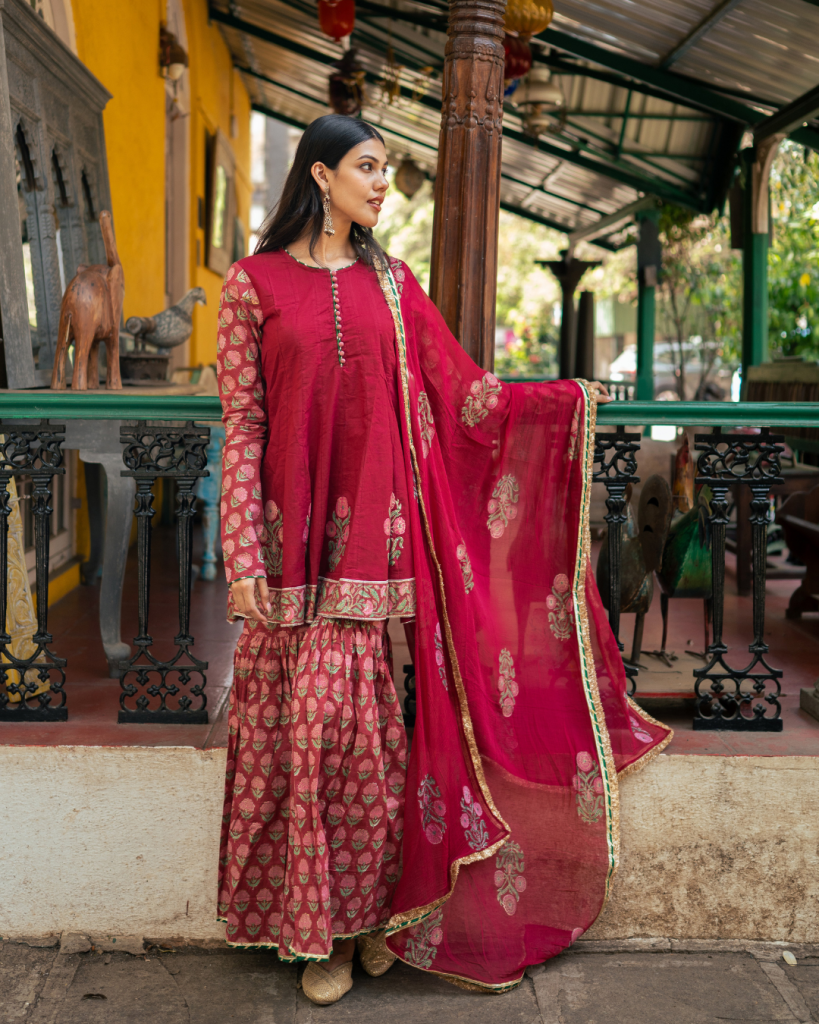 Wine Block Printed Anarkali Set- Size S