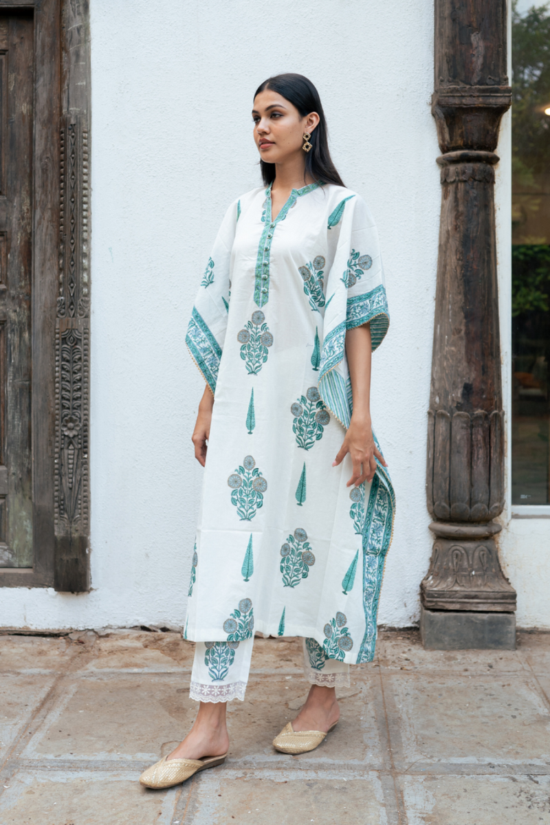 Mughal Blue Boota Kaftan Set cotton by Maison Shefali in blue color for women Worldwide