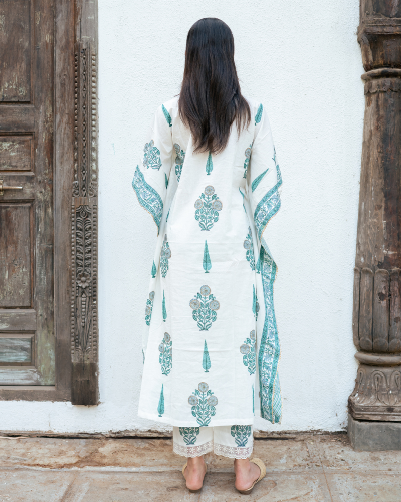 Mughal Blue Boota Kaftan Set cotton by Maison Shefali in blue color for women Worldwide