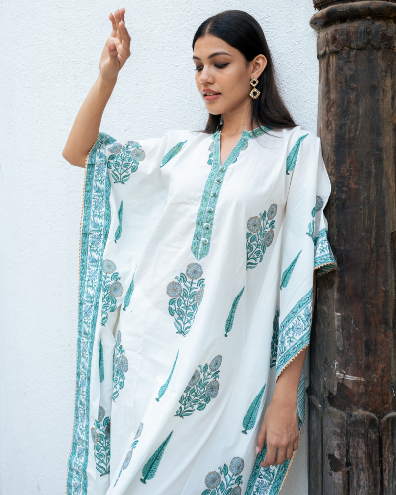 Mughal Blue Boota Kaftan Set cotton by Maison Shefali in blue color for women Worldwide