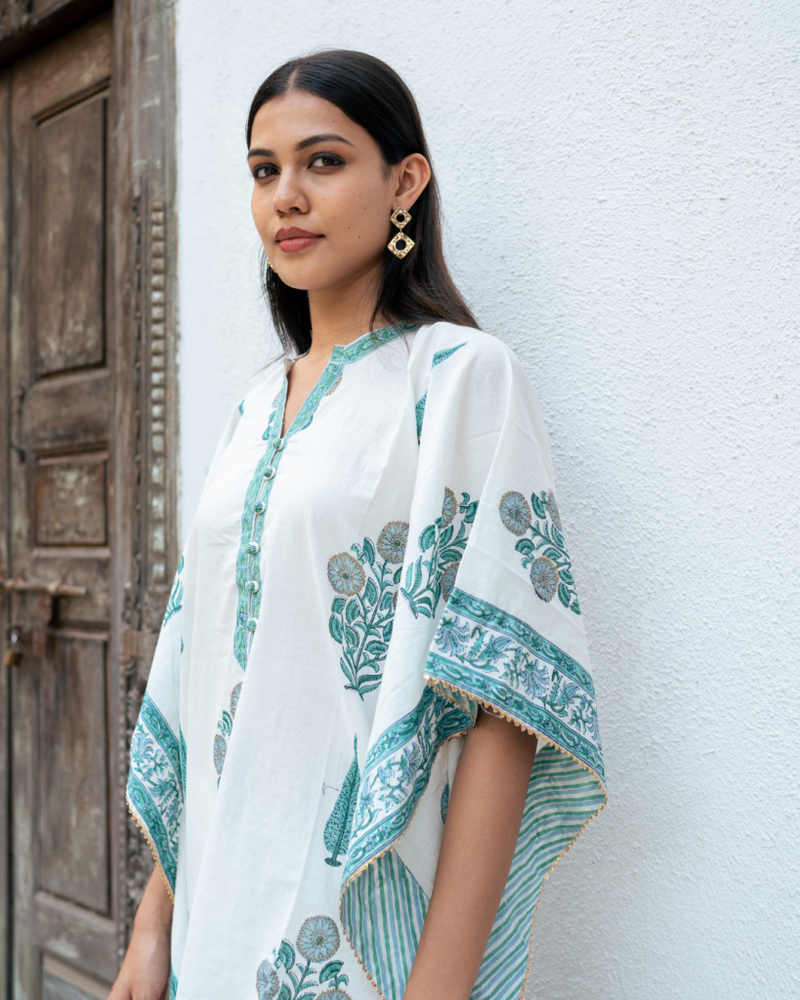 Mughal Blue Boota Kaftan Set cotton by Maison Shefali in blue color for women Worldwide