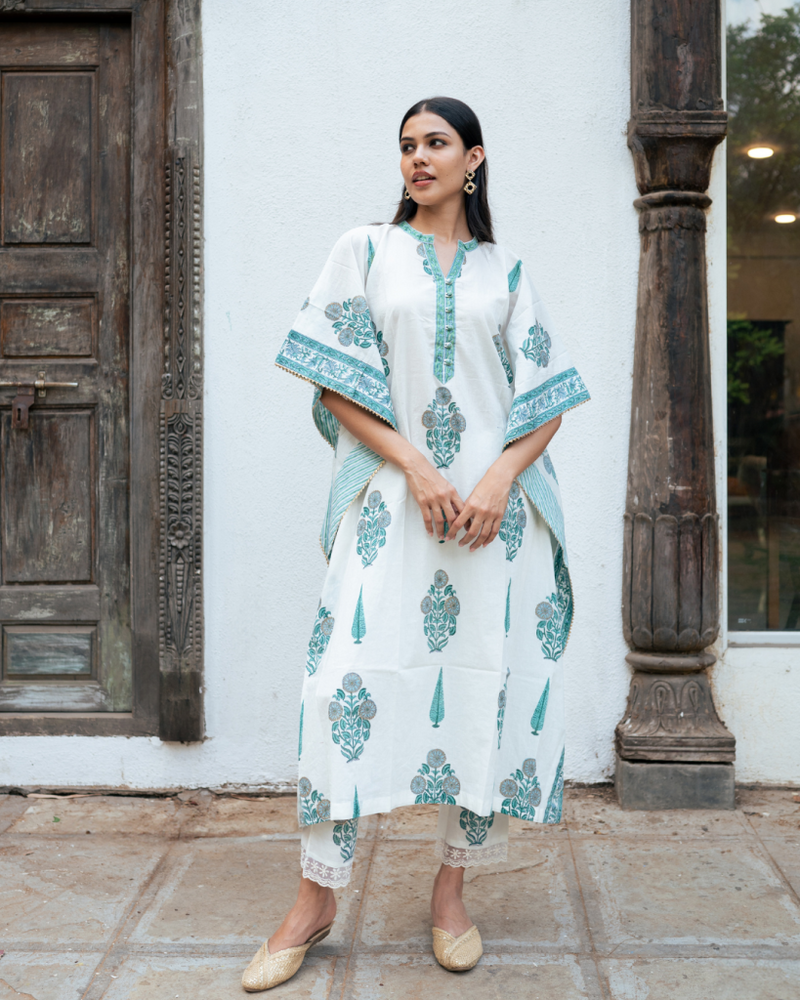 Mughal Blue Boota Kaftan Set cotton by Maison Shefali in blue color for women Worldwide