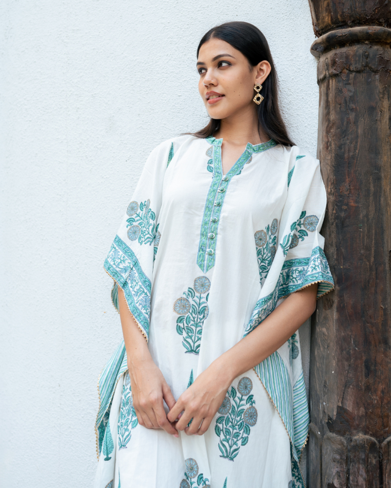 Mughal Blue Boota Kaftan Set cotton by Maison Shefali in blue color for women Worldwide