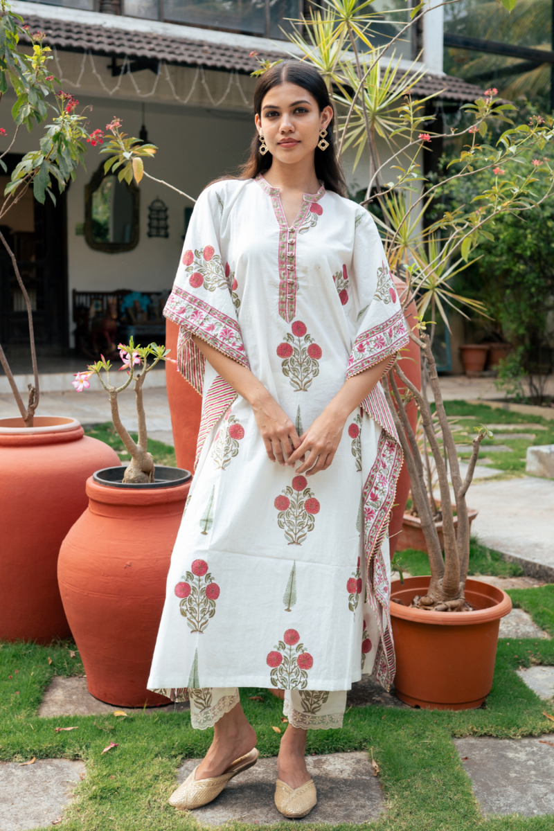Mughal Red Boota Kaftan Set cotton by Maison Shefali in red color for women Worldwide