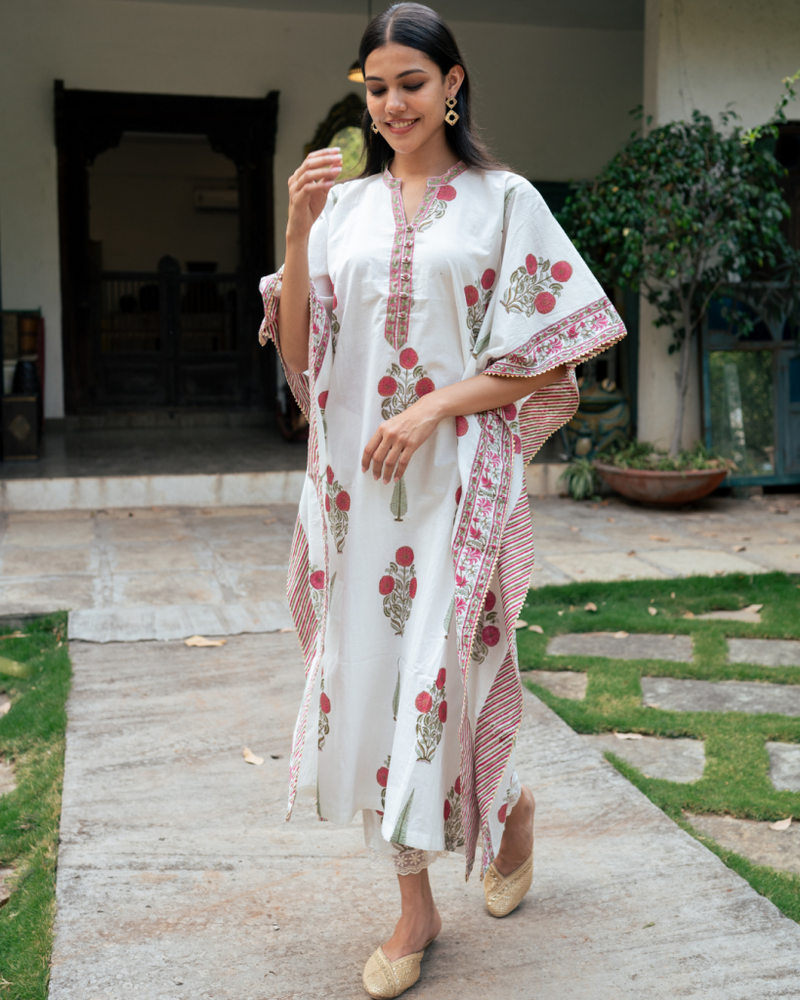 Mughal Red Boota Kaftan Set cotton by Maison Shefali in red color for women Worldwide