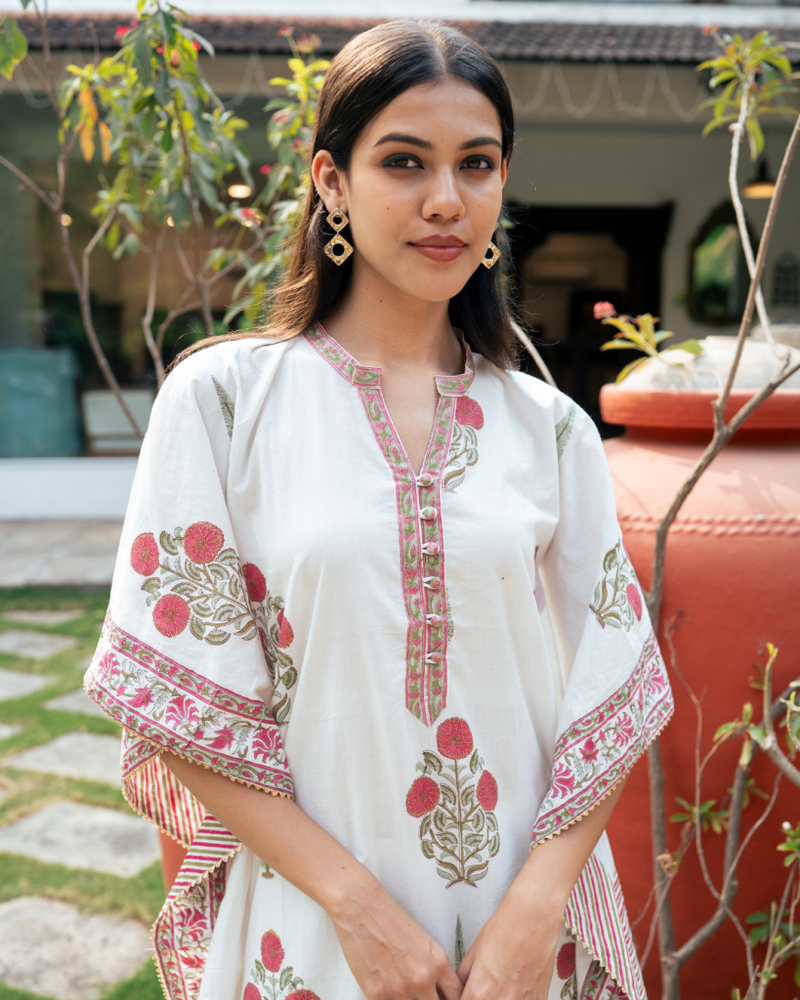 Mughal Red Boota Kaftan Set cotton by Maison Shefali in red color for women Worldwide