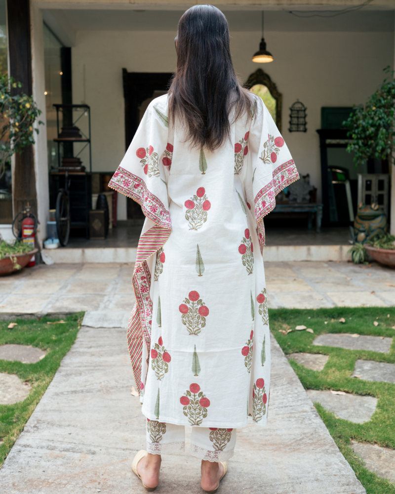 Mughal Red Boota Kaftan Set cotton by Maison Shefali in red color for women Worldwide