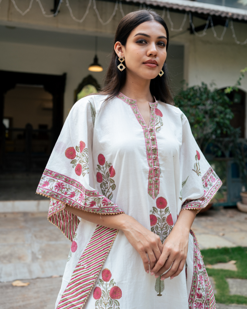 Mughal Red Boota Kaftan Set cotton by Maison Shefali in red color for women Worldwide