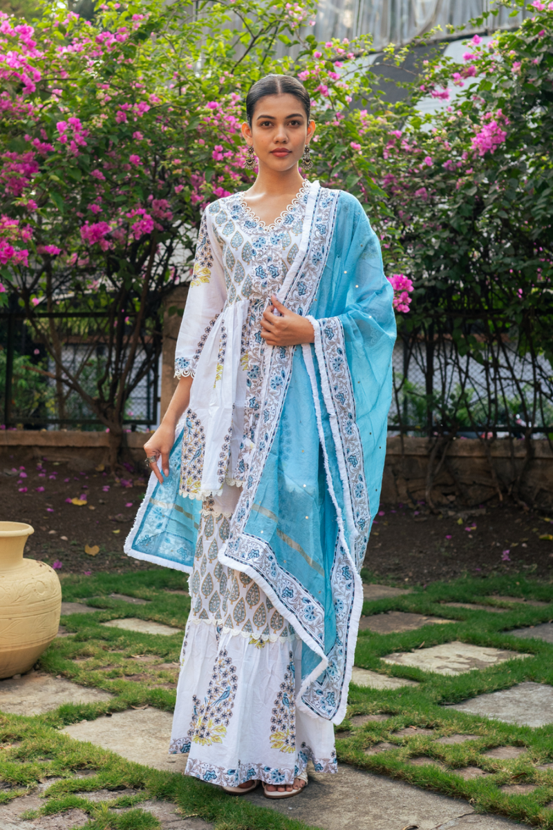 Ivory and Blue Block Printed Sharara Set mul by Maison Shefali in multi color for women Worldwide