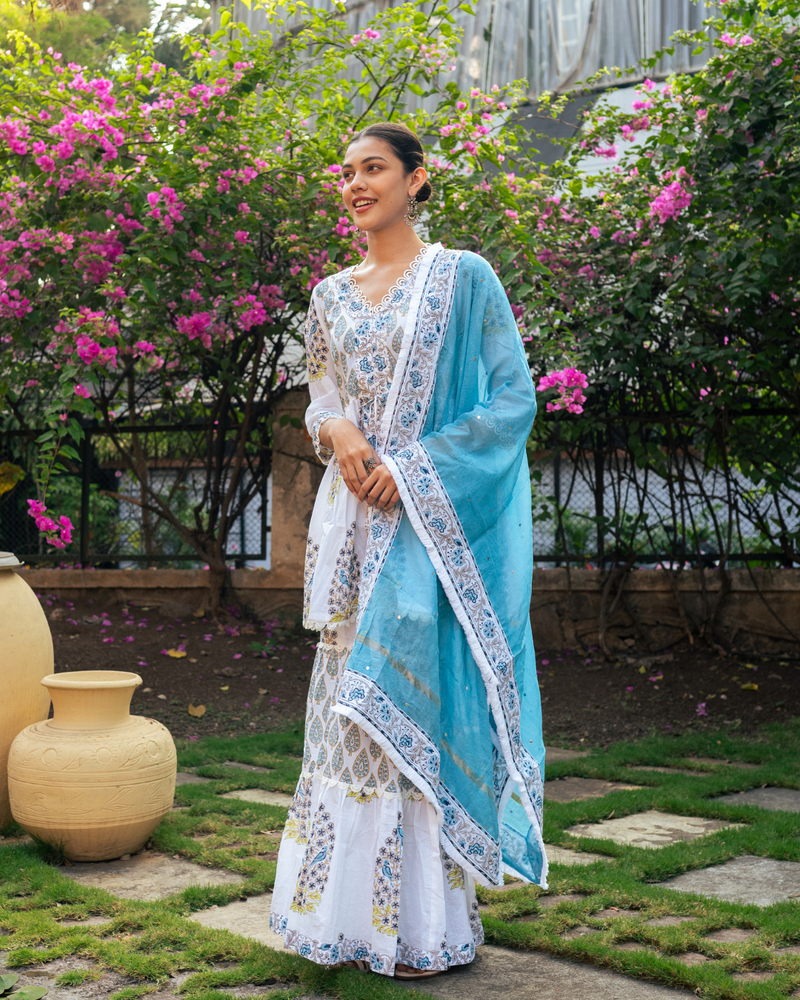Ivory and Blue Block Printed Sharara Set mul by Maison Shefali in multi color for women Worldwide