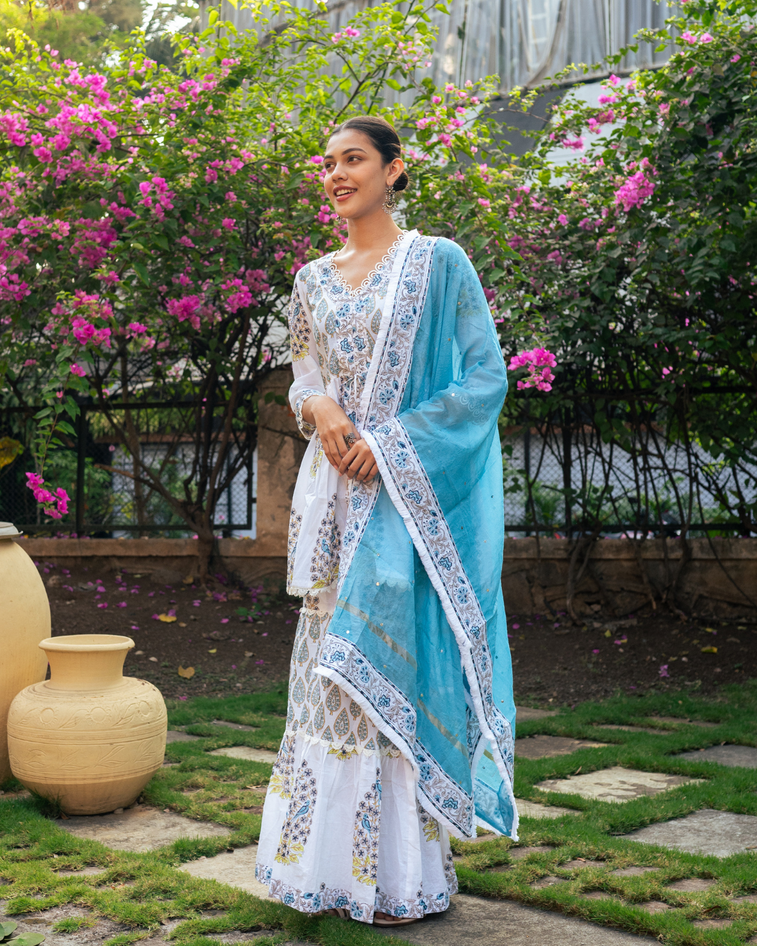 Ivory and Blue Block Printed Sharara Set