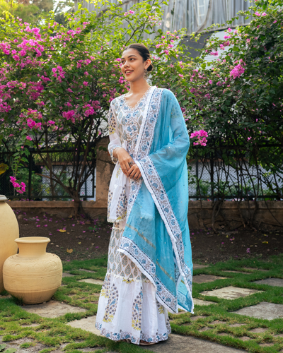 Ivory and Blue Block Printed Sharara Set