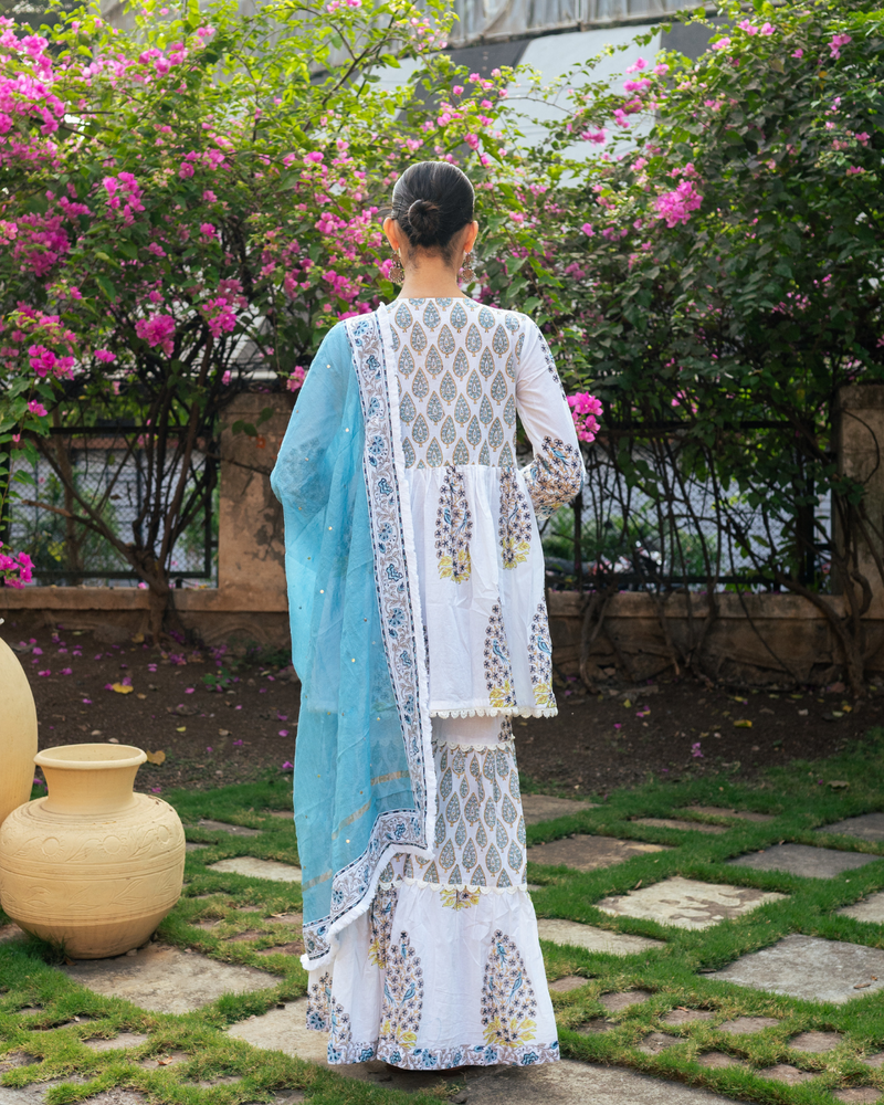 Ivory and Blue Block Printed Sharara Set mul by Maison Shefali in multi color for women Worldwide
