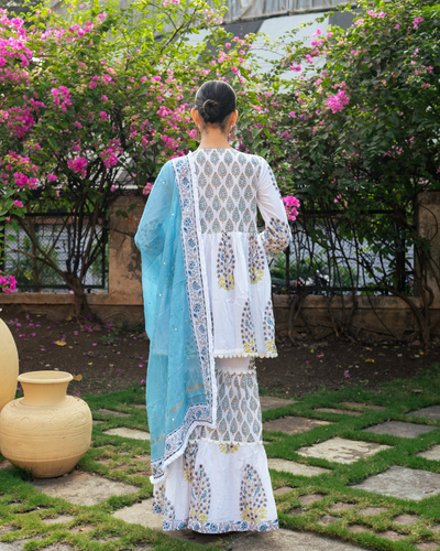 Ivory and Blue Block Printed Sharara Set