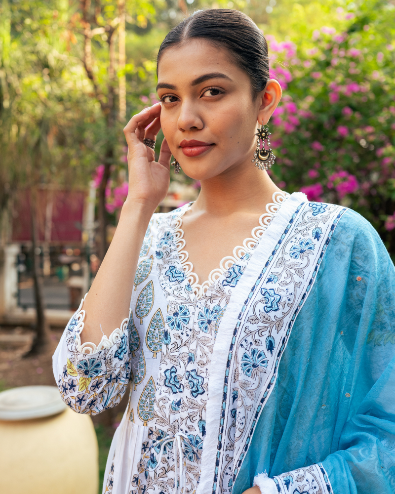 Ivory and Blue Block Printed Sharara Set mul by Maison Shefali in multi color for women Worldwide