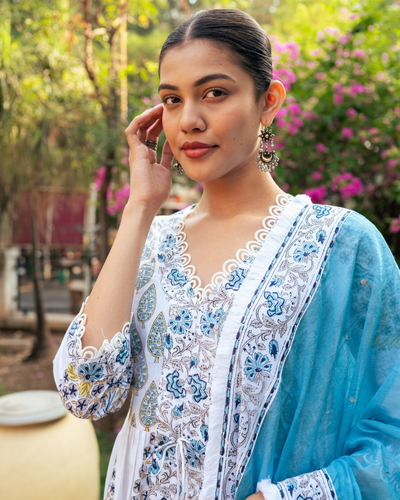 Ivory and Blue Block Printed Sharara Set