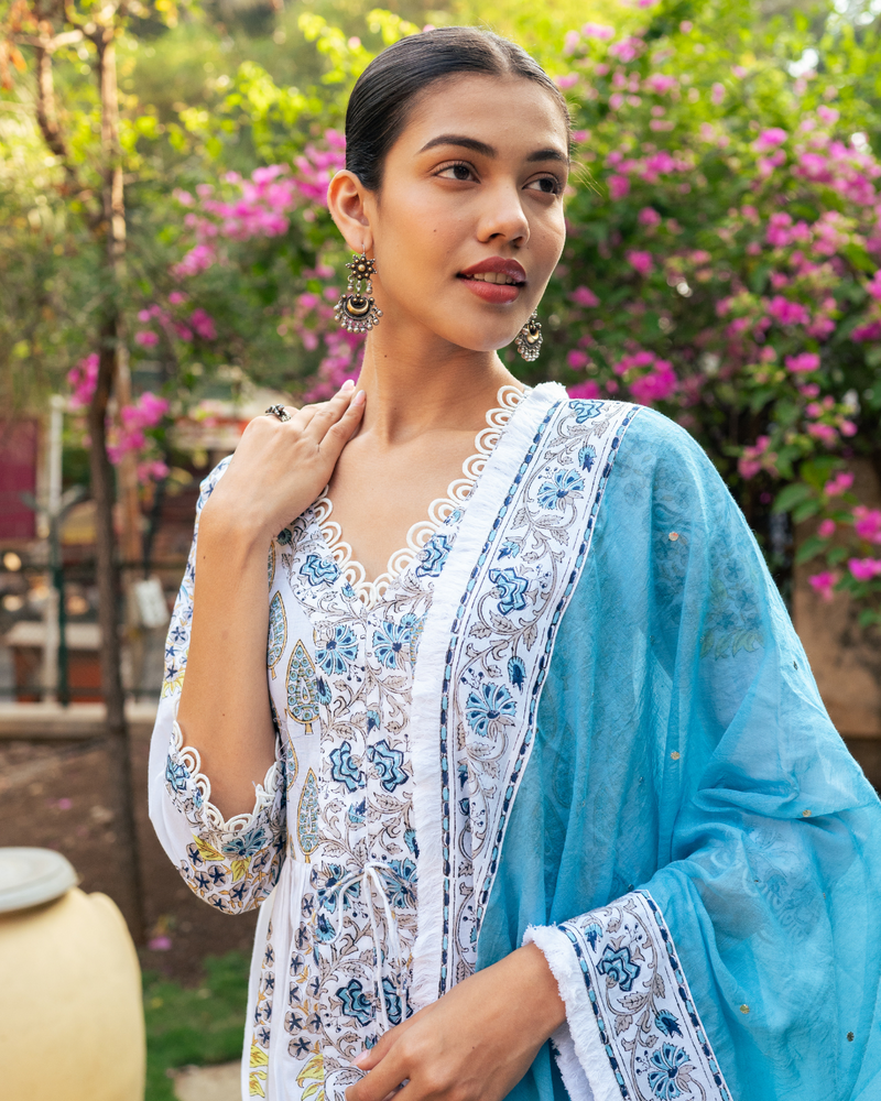 Ivory and Blue Block Printed Sharara Set mul by Maison Shefali in multi color for women Worldwide