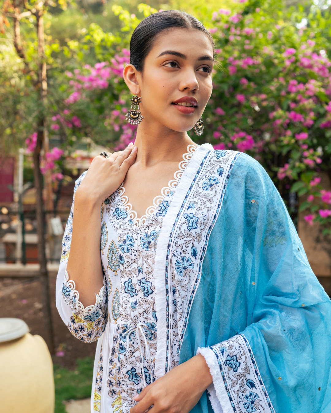 Ivory and Blue Block Printed Sharara Set