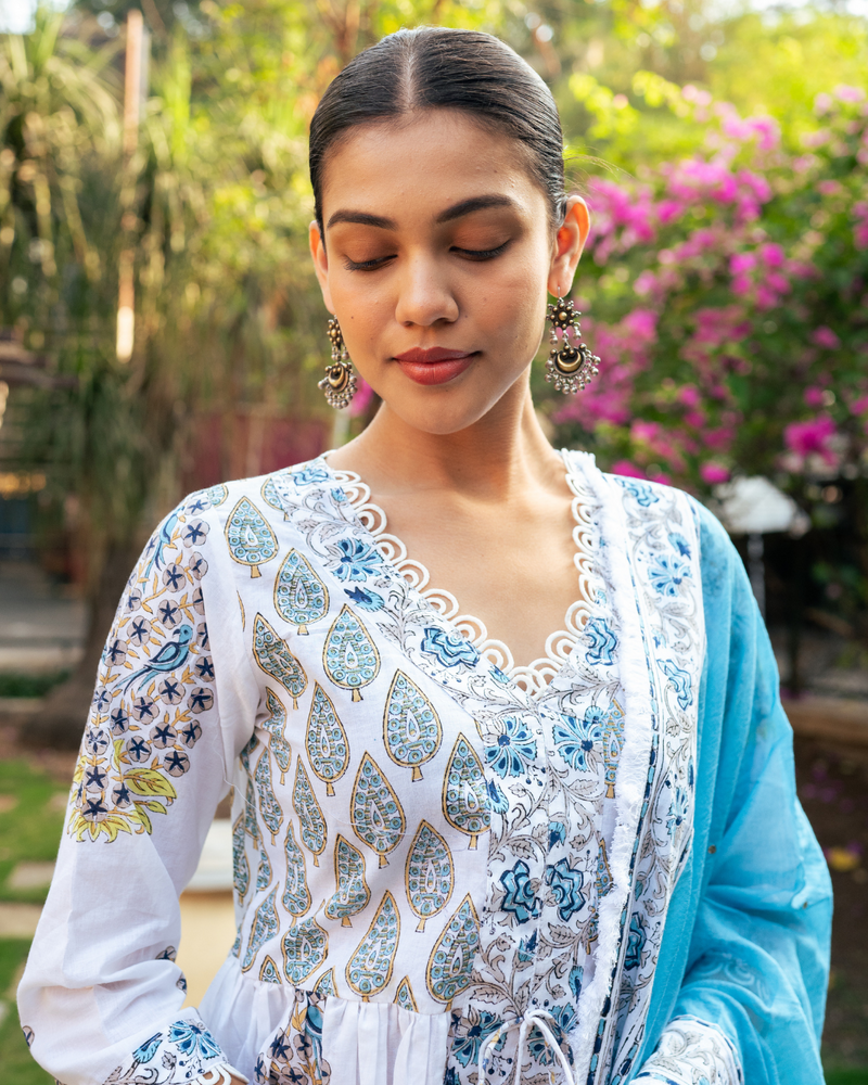 Ivory and Blue Block Printed Sharara Set mul by Maison Shefali in multi color for women Worldwide