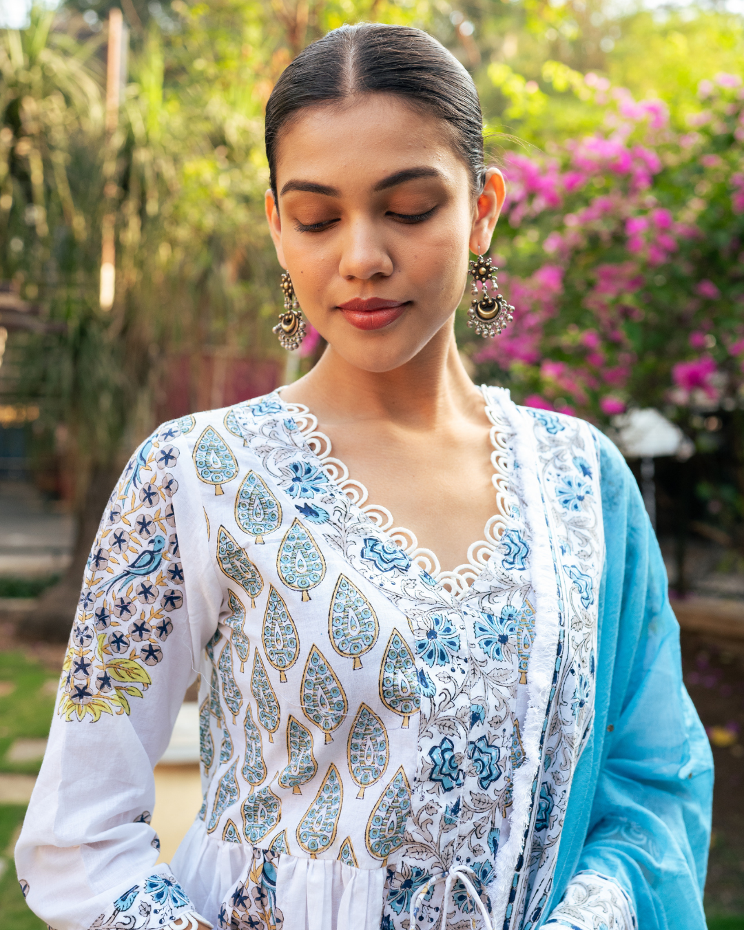 Ivory and Blue Block Printed Sharara Set