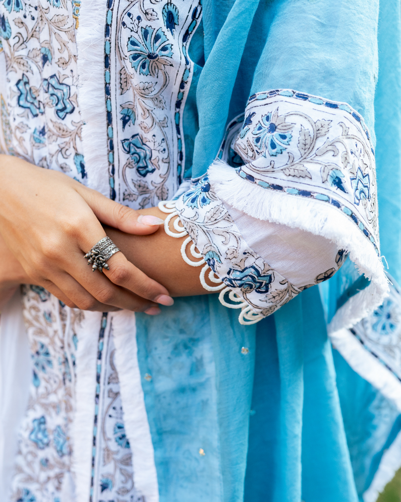 Ivory and Blue Block Printed Sharara Set mul by Maison Shefali in multi color for women Worldwide