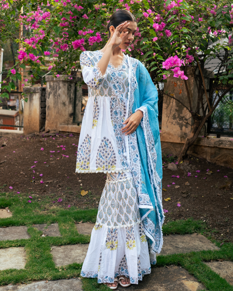 Ivory and Blue Block Printed Sharara Set mul by Maison Shefali in multi color for women Worldwide