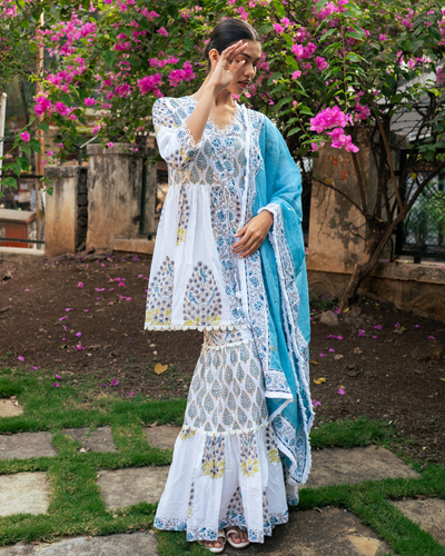 Ivory and Blue Block Printed Sharara Set