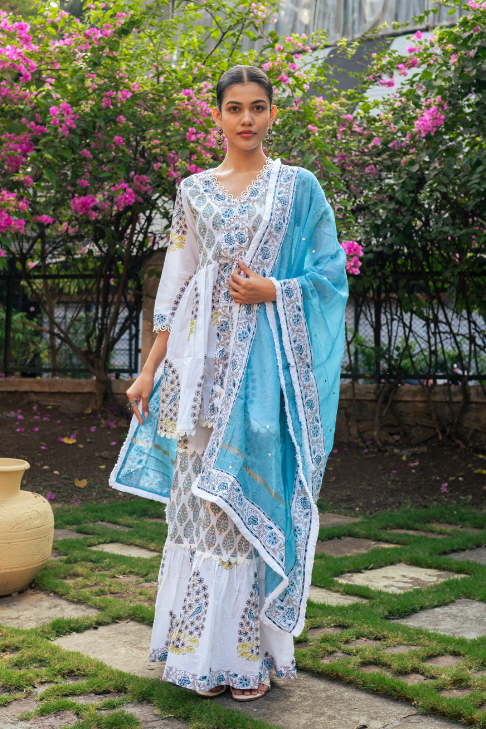 Ivory and Blue Block Printed Sharara Set