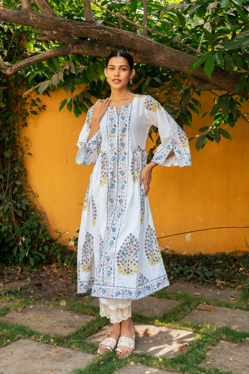 Blue and Ivory Hand Block Printed Bhopali Kurta Set mul by Maison Shefali in multi color for women Worldwide