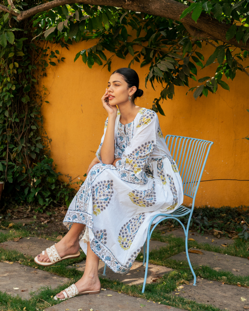 Blue and Ivory Hand Block Printed Bhopali Kurta Set mul by Maison Shefali in multi color for women Worldwide