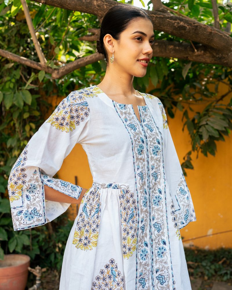 Blue and Ivory Hand Block Printed Bhopali Kurta Set mul by Maison Shefali in multi color for women Worldwide