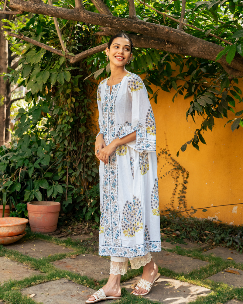 Blue and Ivory Hand Block Printed Bhopali Kurta Set mul by Maison Shefali in multi color for women Worldwide