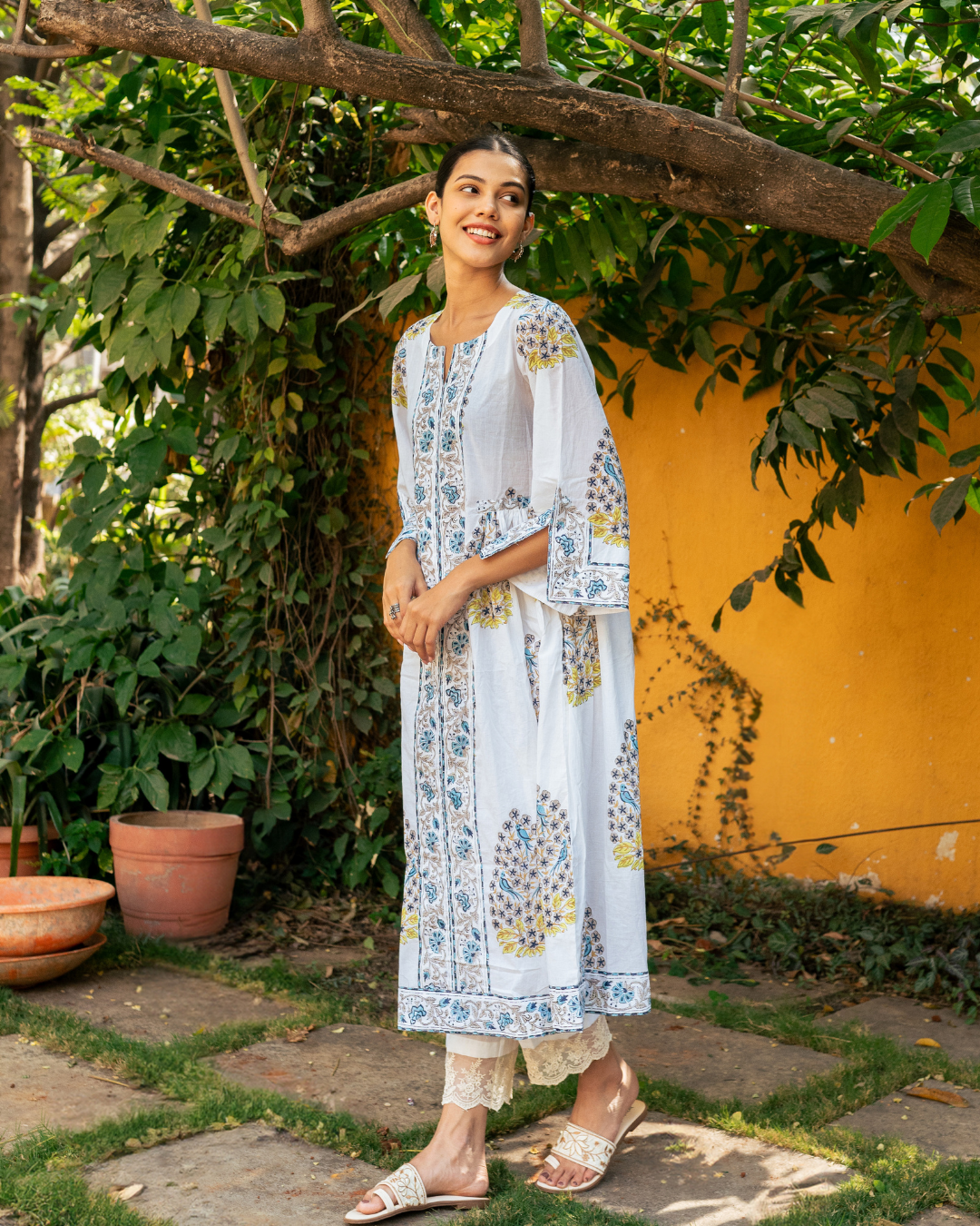 Blue and Ivory Hand Block Printed Bhopali Kurta Set