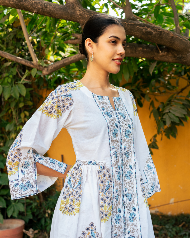 Blue and Ivory Hand Block Printed Bhopali Kurta Set mul by Maison Shefali in multi color for women Worldwide