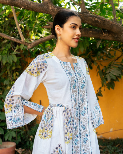 Blue and Ivory Hand Block Printed Bhopali Kurta Set