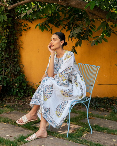 Blue and Ivory Hand Block Printed Bhopali Kurta Set