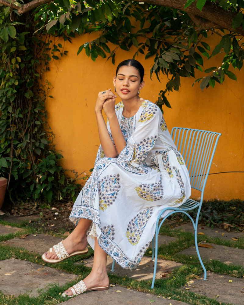 Blue and Ivory Hand Block Printed Bhopali Kurta Set mul by Maison Shefali in multi color for women Worldwide